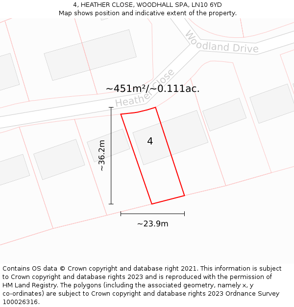 4, HEATHER CLOSE, WOODHALL SPA, LN10 6YD: Plot and title map