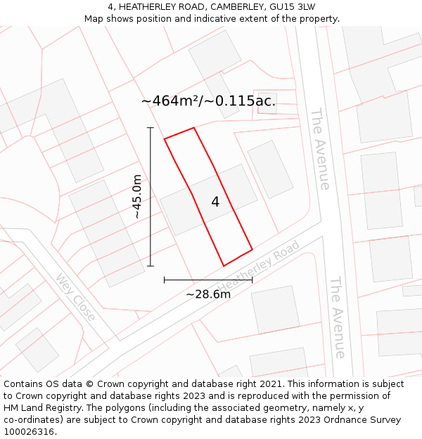 4, HEATHERLEY ROAD, CAMBERLEY, GU15 3LW: Plot and title map