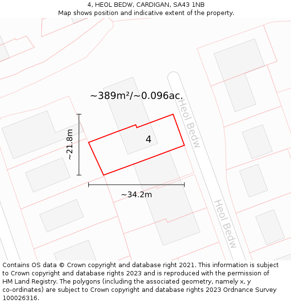 4, HEOL BEDW, CARDIGAN, SA43 1NB: Plot and title map