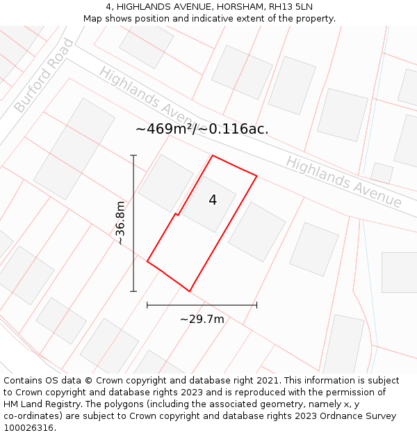 4, HIGHLANDS AVENUE, HORSHAM, RH13 5LN: Plot and title map