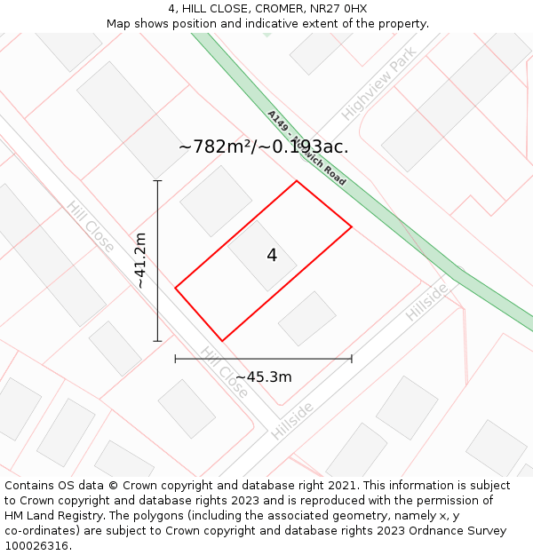 4, HILL CLOSE, CROMER, NR27 0HX: Plot and title map
