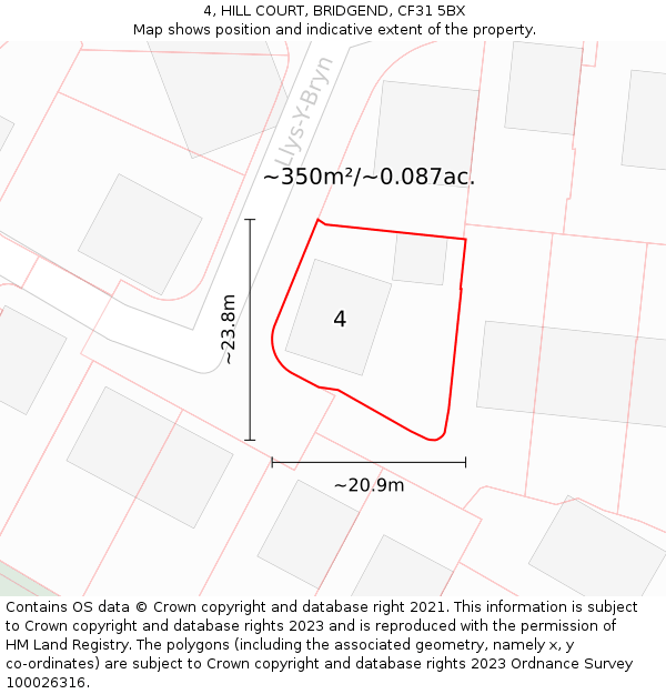 4, HILL COURT, BRIDGEND, CF31 5BX: Plot and title map