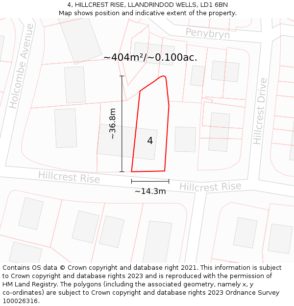 4, HILLCREST RISE, LLANDRINDOD WELLS, LD1 6BN: Plot and title map