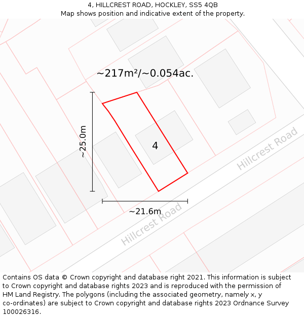 4, HILLCREST ROAD, HOCKLEY, SS5 4QB: Plot and title map