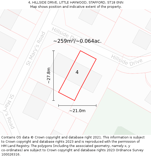 4, HILLSIDE DRIVE, LITTLE HAYWOOD, STAFFORD, ST18 0NN: Plot and title map