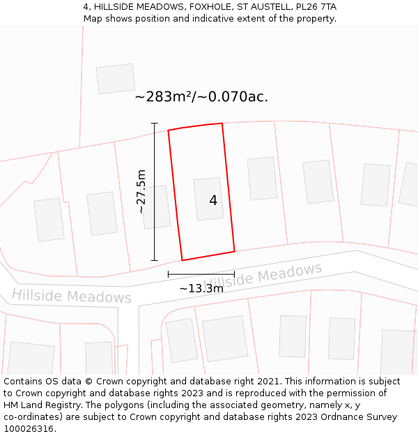 4, HILLSIDE MEADOWS, FOXHOLE, ST AUSTELL, PL26 7TA: Plot and title map