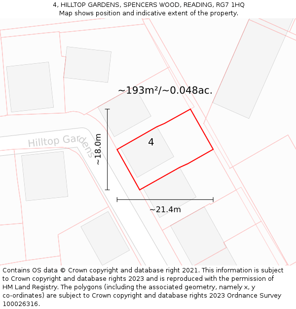 4, HILLTOP GARDENS, SPENCERS WOOD, READING, RG7 1HQ: Plot and title map