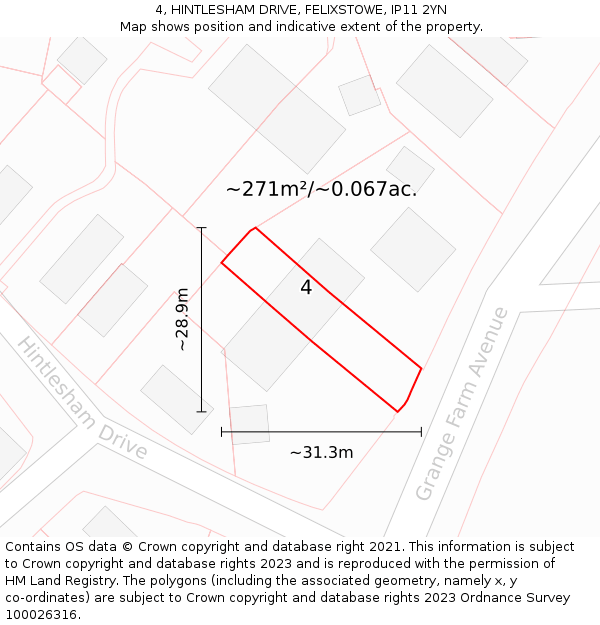 4, HINTLESHAM DRIVE, FELIXSTOWE, IP11 2YN: Plot and title map