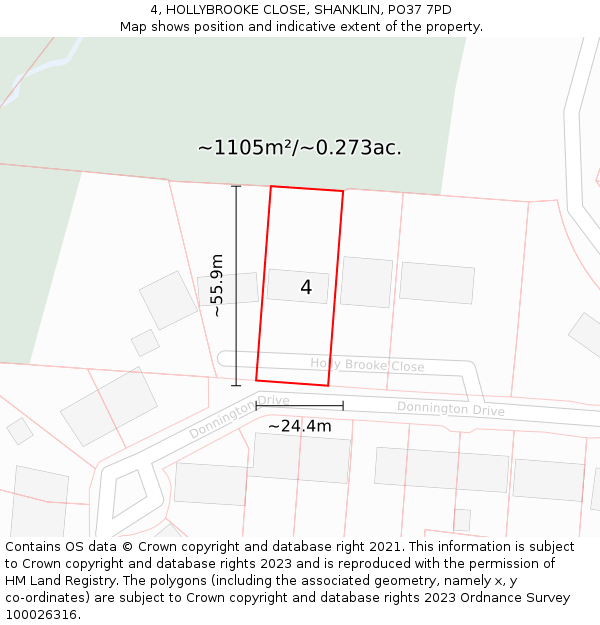 4, HOLLYBROOKE CLOSE, SHANKLIN, PO37 7PD: Plot and title map