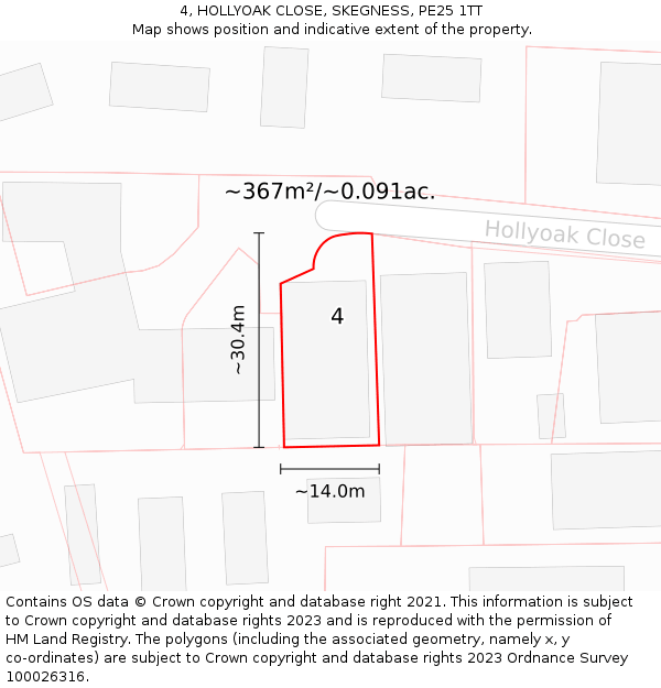 4, HOLLYOAK CLOSE, SKEGNESS, PE25 1TT: Plot and title map