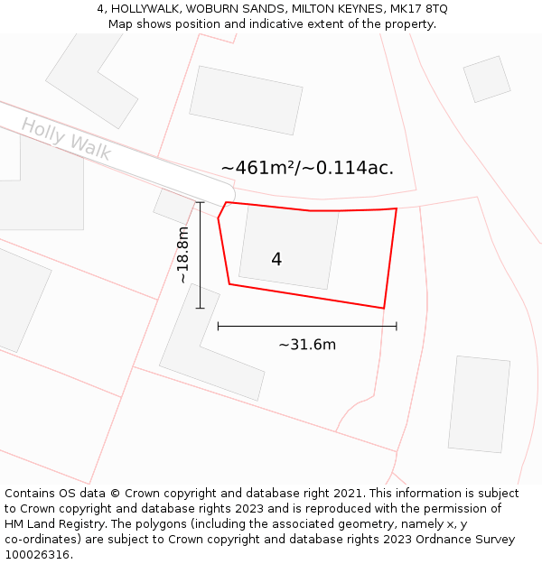 4, HOLLYWALK, WOBURN SANDS, MILTON KEYNES, MK17 8TQ: Plot and title map