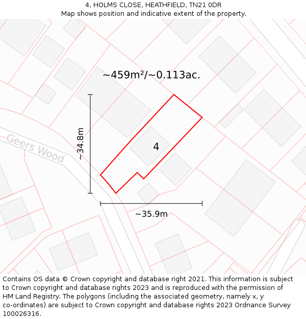 4, HOLMS CLOSE, HEATHFIELD, TN21 0DR: Plot and title map
