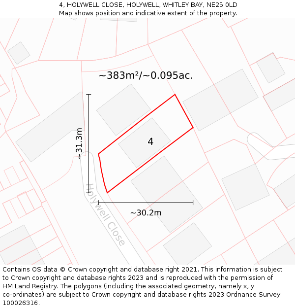 4, HOLYWELL CLOSE, HOLYWELL, WHITLEY BAY, NE25 0LD: Plot and title map