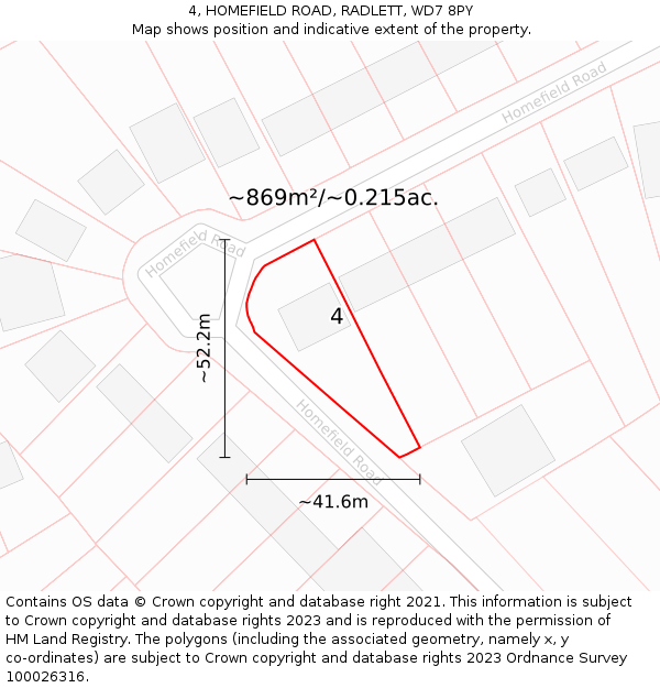 4, HOMEFIELD ROAD, RADLETT, WD7 8PY: Plot and title map