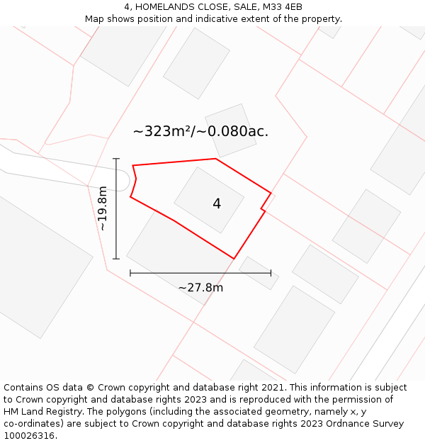 4, HOMELANDS CLOSE, SALE, M33 4EB: Plot and title map