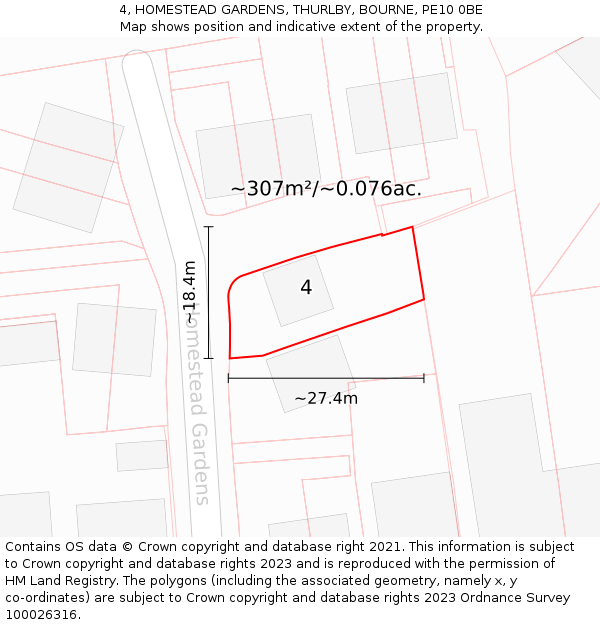 4, HOMESTEAD GARDENS, THURLBY, BOURNE, PE10 0BE: Plot and title map