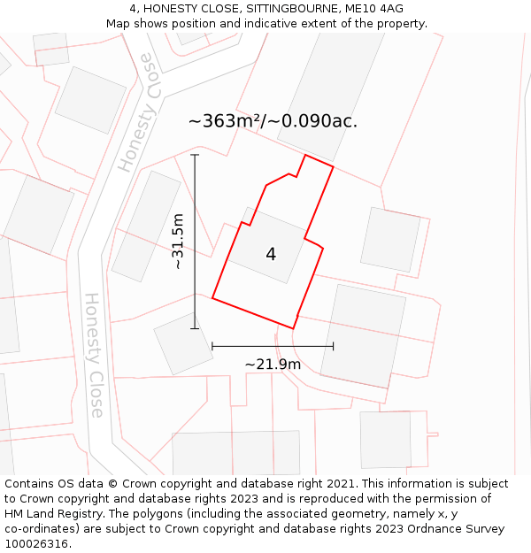 4, HONESTY CLOSE, SITTINGBOURNE, ME10 4AG: Plot and title map