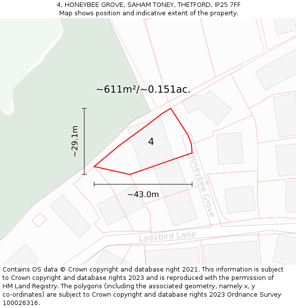 4, HONEYBEE GROVE, SAHAM TONEY, THETFORD, IP25 7FF: Plot and title map