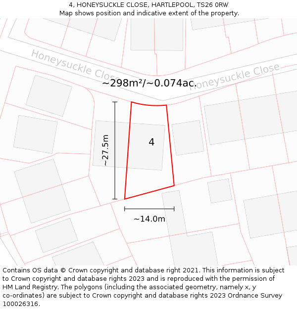 4, HONEYSUCKLE CLOSE, HARTLEPOOL, TS26 0RW: Plot and title map