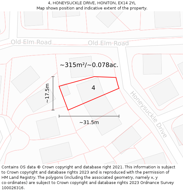 4, HONEYSUCKLE DRIVE, HONITON, EX14 2YL: Plot and title map
