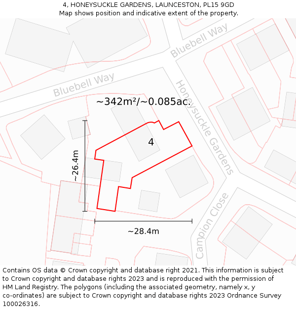 4, HONEYSUCKLE GARDENS, LAUNCESTON, PL15 9GD: Plot and title map