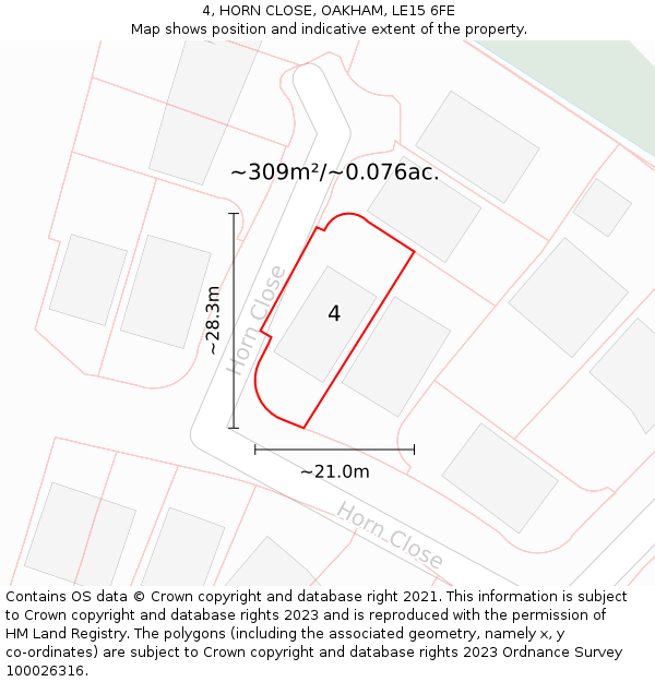 4, HORN CLOSE, OAKHAM, LE15 6FE: Plot and title map