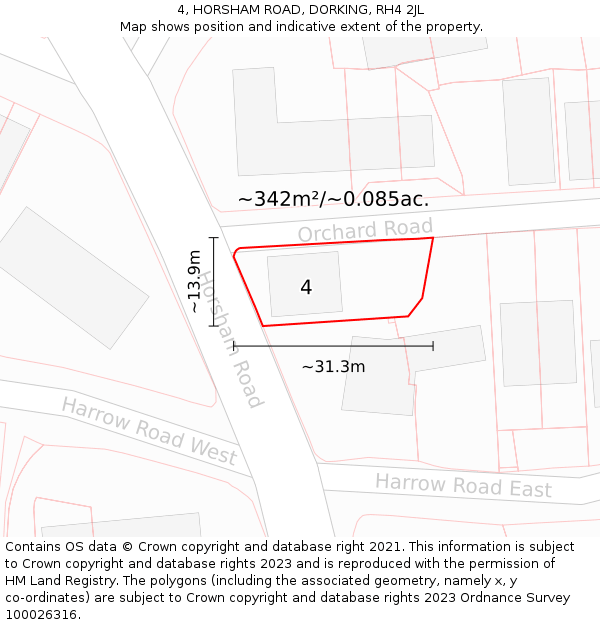 4, HORSHAM ROAD, DORKING, RH4 2JL: Plot and title map