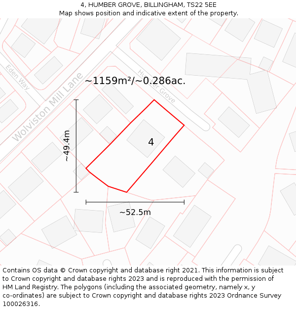 4, HUMBER GROVE, BILLINGHAM, TS22 5EE: Plot and title map