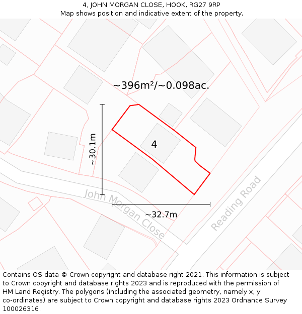 4, JOHN MORGAN CLOSE, HOOK, RG27 9RP: Plot and title map