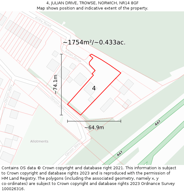 4, JULIAN DRIVE, TROWSE, NORWICH, NR14 8GF: Plot and title map