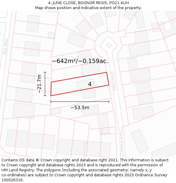 4, JUNE CLOSE, BOGNOR REGIS, PO21 4UH: Plot and title map