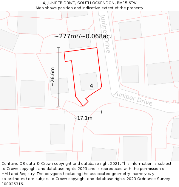 4, JUNIPER DRIVE, SOUTH OCKENDON, RM15 6TW: Plot and title map