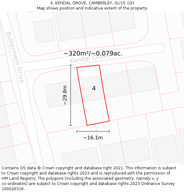 4, KENDAL GROVE, CAMBERLEY, GU15 1QY: Plot and title map