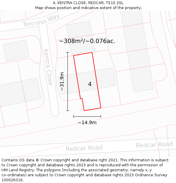 4, KENTRA CLOSE, REDCAR, TS10 2SL: Plot and title map