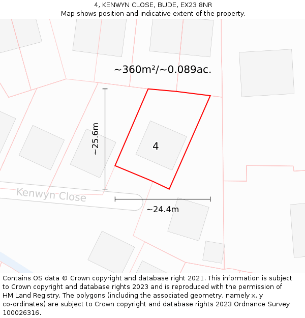 4, KENWYN CLOSE, BUDE, EX23 8NR: Plot and title map