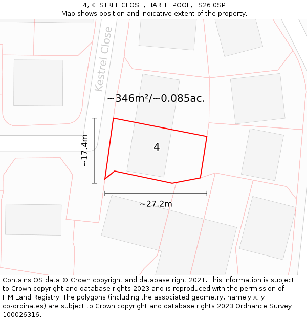 4, KESTREL CLOSE, HARTLEPOOL, TS26 0SP: Plot and title map