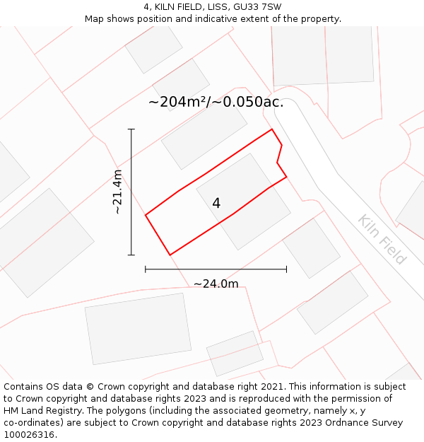 4, KILN FIELD, LISS, GU33 7SW: Plot and title map