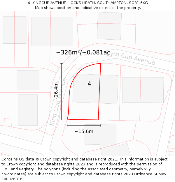 4, KINGCUP AVENUE, LOCKS HEATH, SOUTHAMPTON, SO31 6XG: Plot and title map