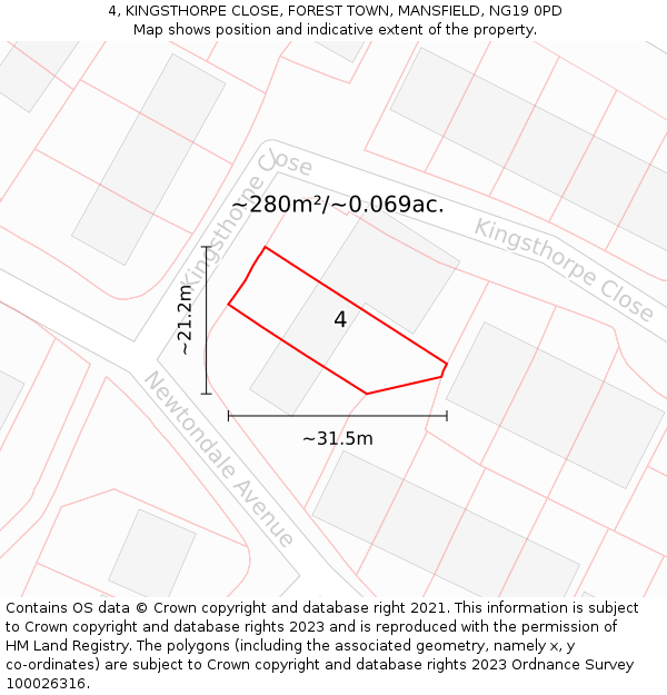 4, KINGSTHORPE CLOSE, FOREST TOWN, MANSFIELD, NG19 0PD: Plot and title map