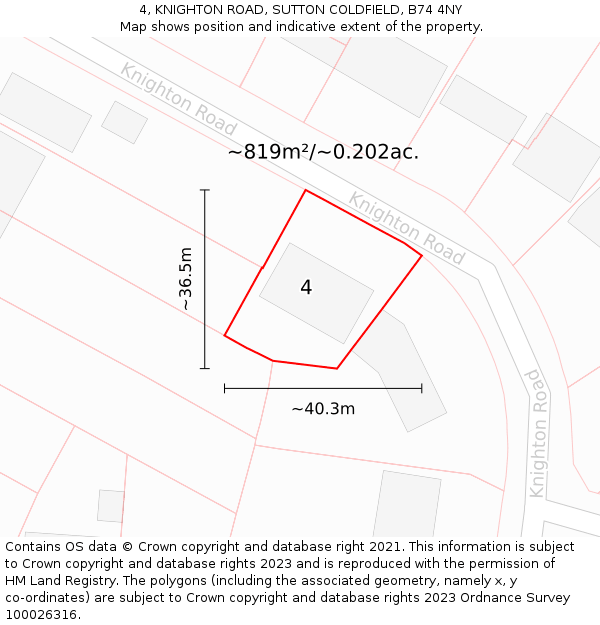 4, KNIGHTON ROAD, SUTTON COLDFIELD, B74 4NY: Plot and title map
