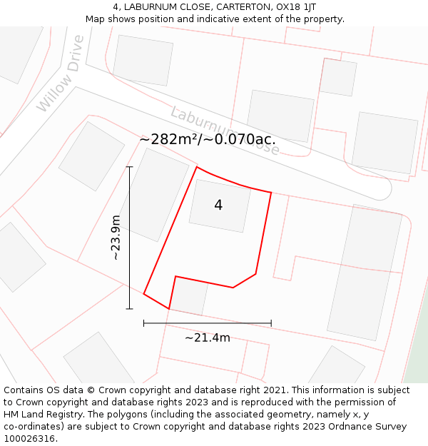 4, LABURNUM CLOSE, CARTERTON, OX18 1JT: Plot and title map