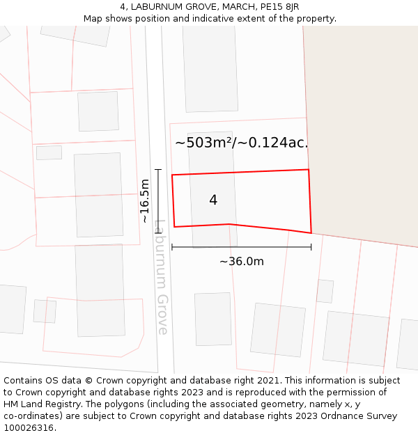 4, LABURNUM GROVE, MARCH, PE15 8JR: Plot and title map