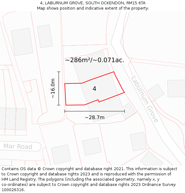 4, LABURNUM GROVE, SOUTH OCKENDON, RM15 6TA: Plot and title map