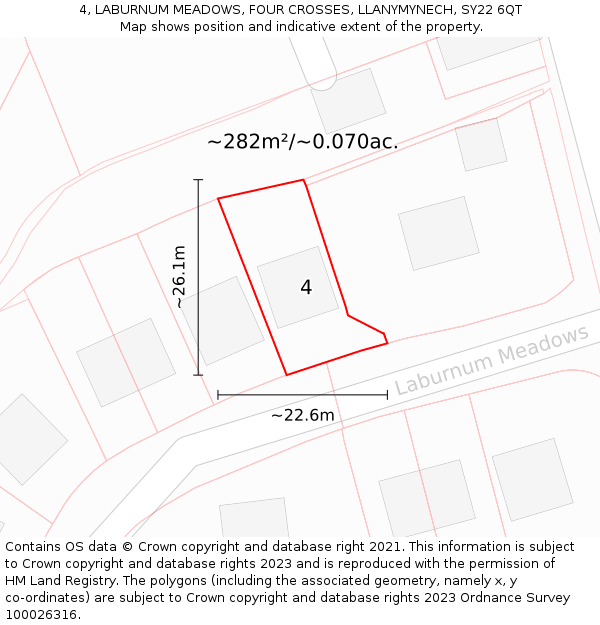 4, LABURNUM MEADOWS, FOUR CROSSES, LLANYMYNECH, SY22 6QT: Plot and title map