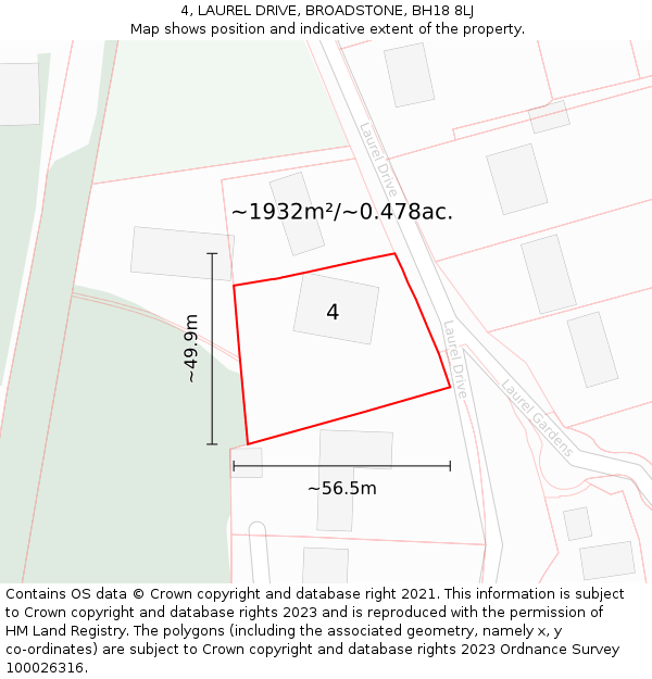 4, LAUREL DRIVE, BROADSTONE, BH18 8LJ: Plot and title map