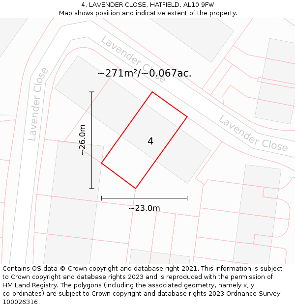 4, LAVENDER CLOSE, HATFIELD, AL10 9FW: Plot and title map