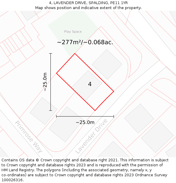 4, LAVENDER DRIVE, SPALDING, PE11 1YR: Plot and title map