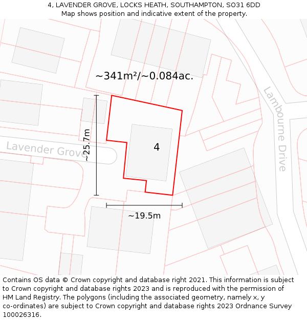 4, LAVENDER GROVE, LOCKS HEATH, SOUTHAMPTON, SO31 6DD: Plot and title map