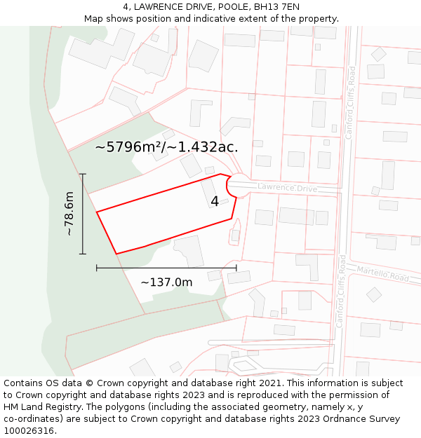 4, LAWRENCE DRIVE, POOLE, BH13 7EN: Plot and title map