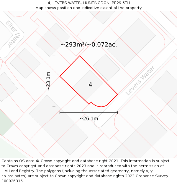 4, LEVERS WATER, HUNTINGDON, PE29 6TH: Plot and title map